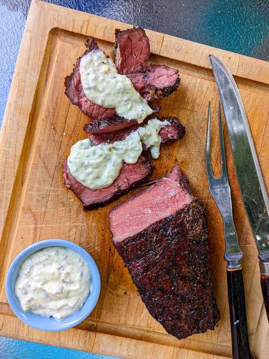 Reversed Seared Steak with Smoked Poblano Aioli