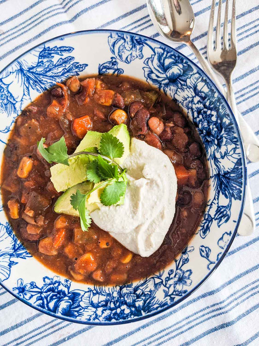 Slow-Cooker Bean Chili with Cashew Cream