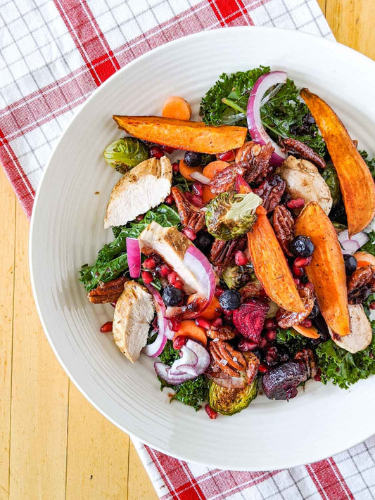 Kale Salad with Blueberry Vinaigrette and Maple Pecans